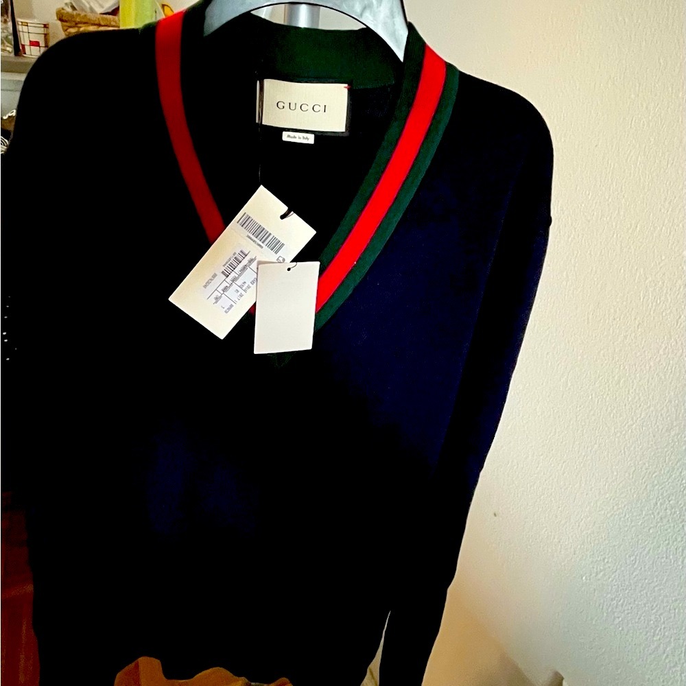 Gucci Navy Blue V-Neck Wool Sweater NWT